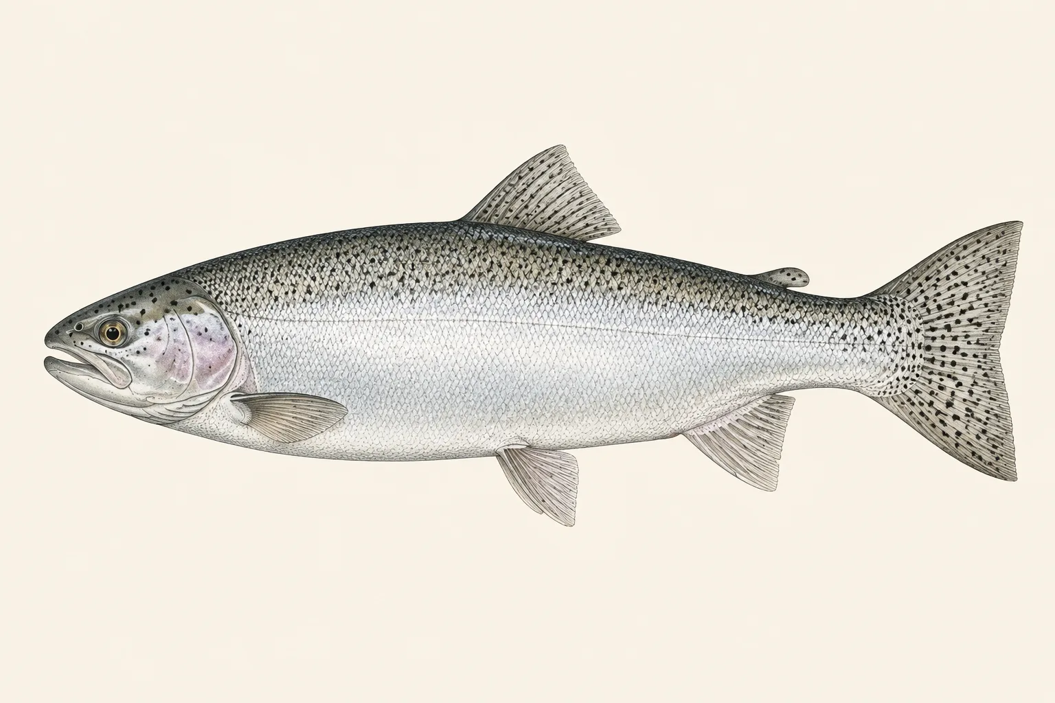 Steelhead (Oncorhynchus mykiss), illustrated in profile with the head facing left.