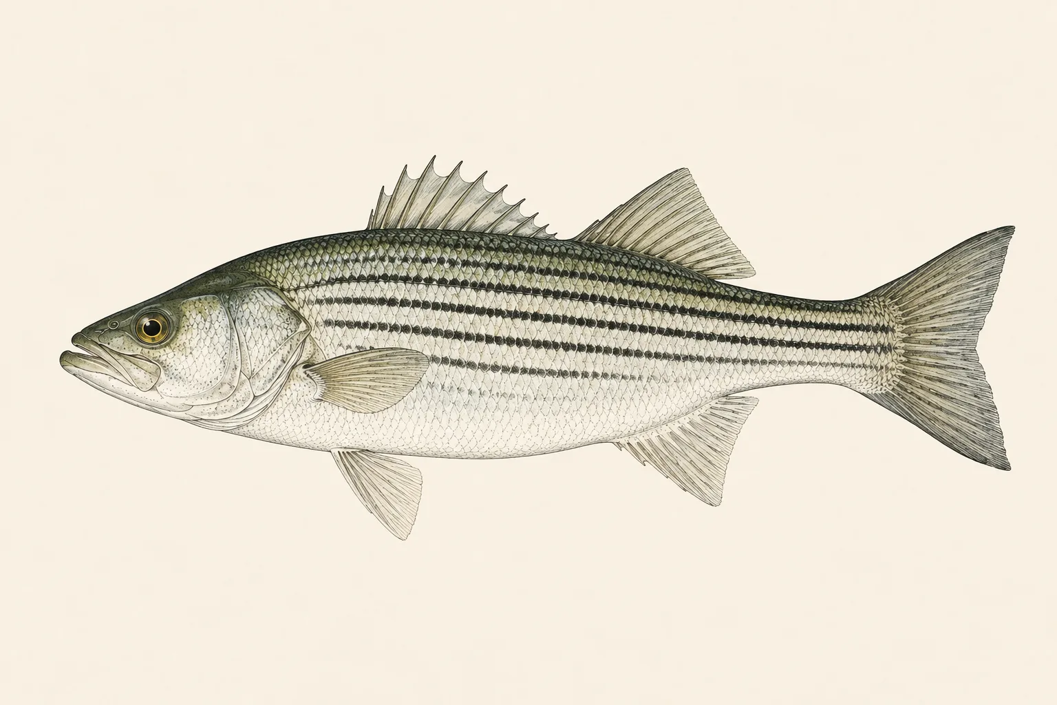 Striped Bass (Morone saxatilis), illustrated in profile with the head facing left.