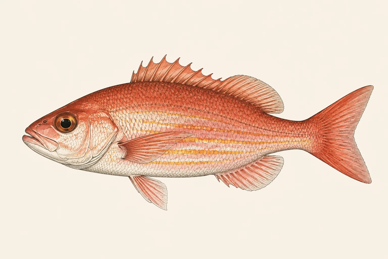 Vermilion Snapper (Rhomboplites aurorubens), illustrated in profile with the head facing left.