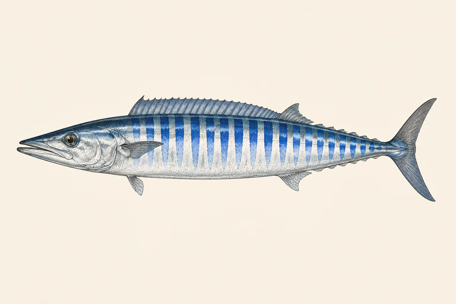 Wahoo (Acanthocybium solandri), illustrated in profile with the head facing left.