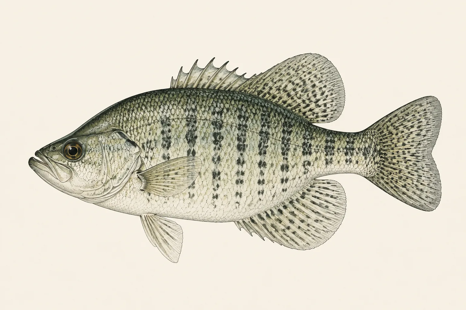 White Crappie (Pomoxis annularis), illustrated in profile with the head facing left.