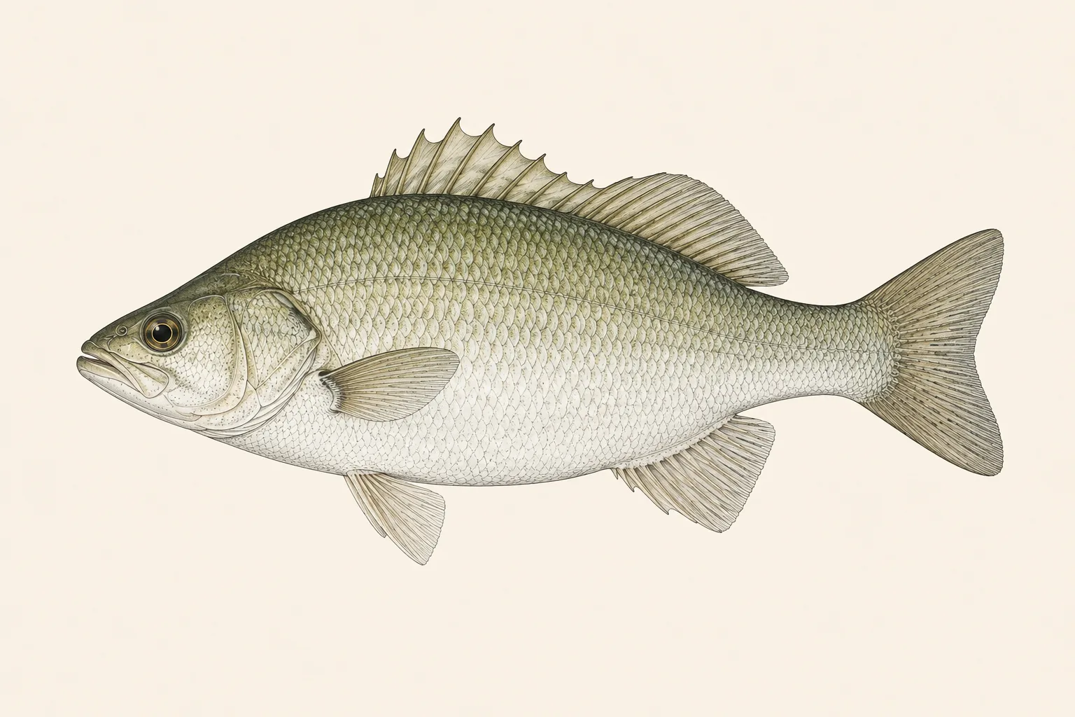 White Perch (Morone americana), illustrated in profile with the head facing left.