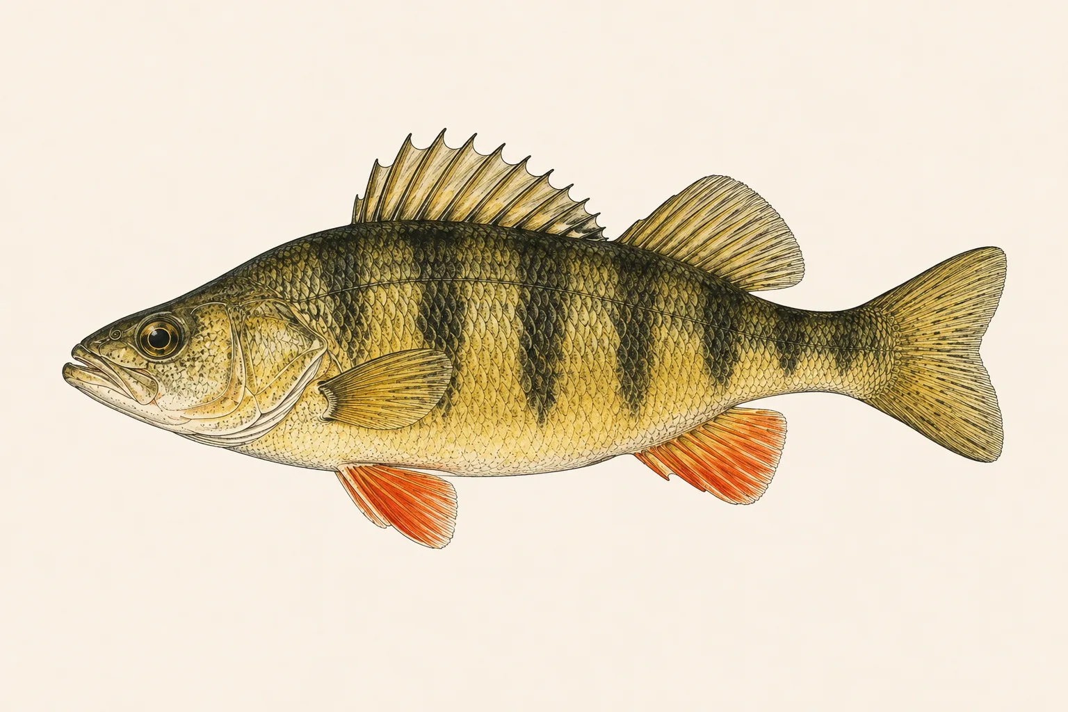 Yellow Perch (Perca flavescens), illustrated in profile with the head facing left.