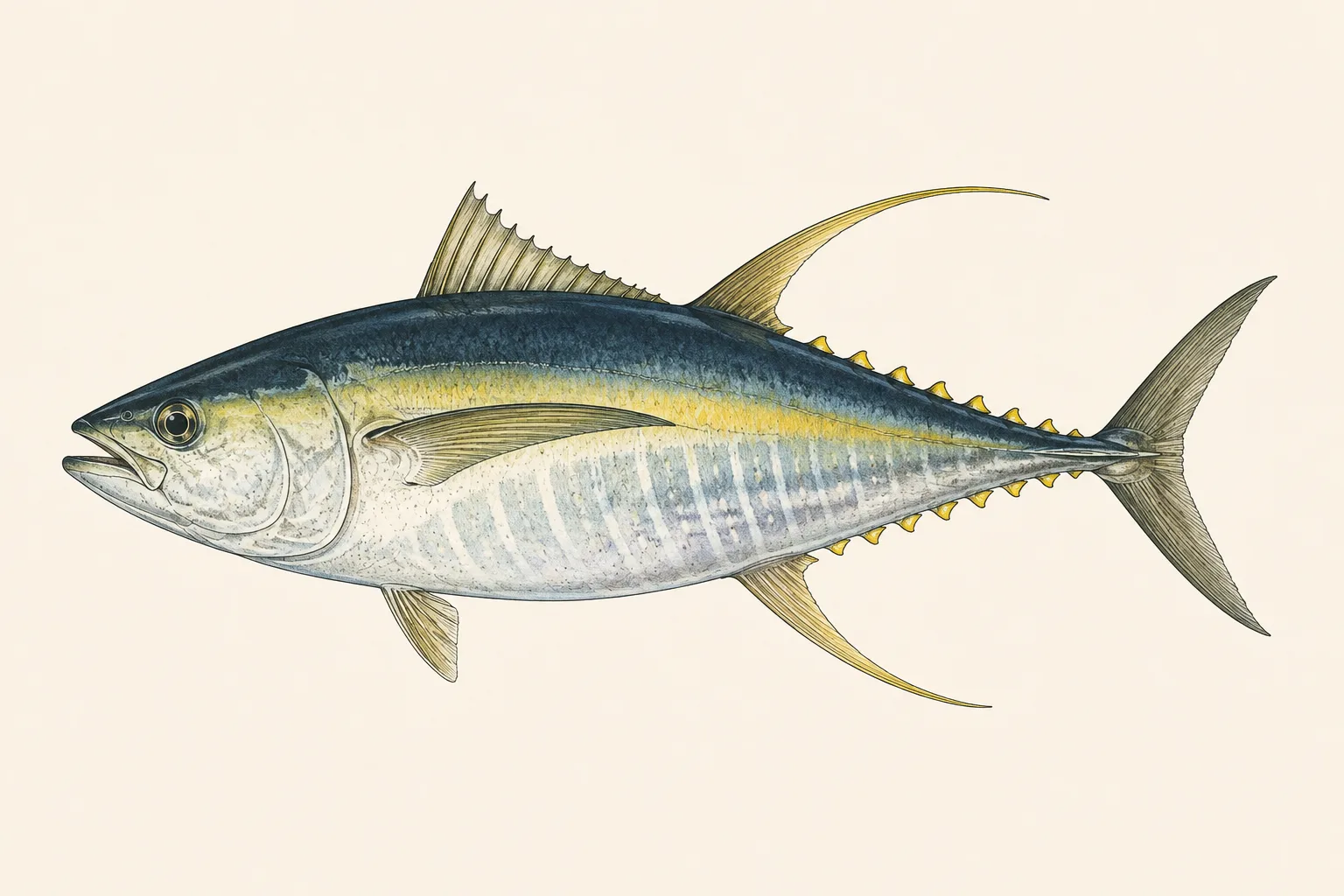 Yellowfin Tuna (Thunnus albacares), illustrated in profile with the head facing left.