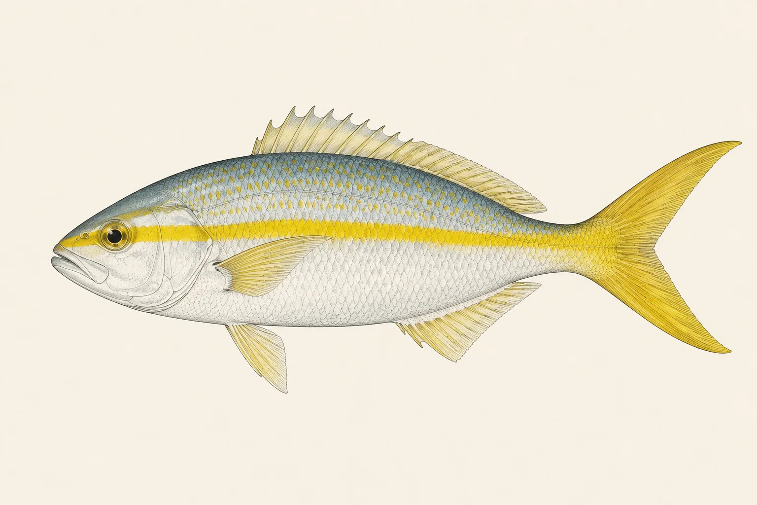 Yellowtail Snapper (Ocyurus chrysurus), illustrated in profile with the head facing left.